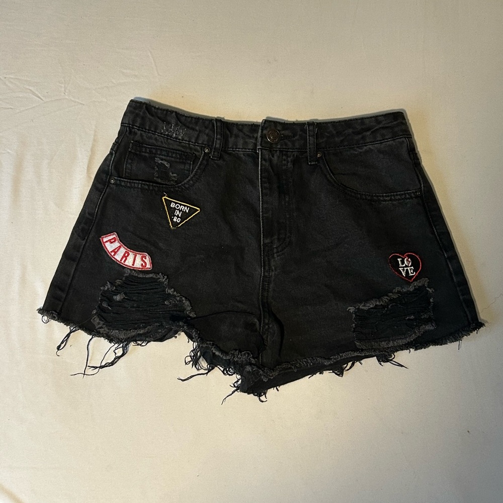 Embroidered Black Distressed Jean Shorts
